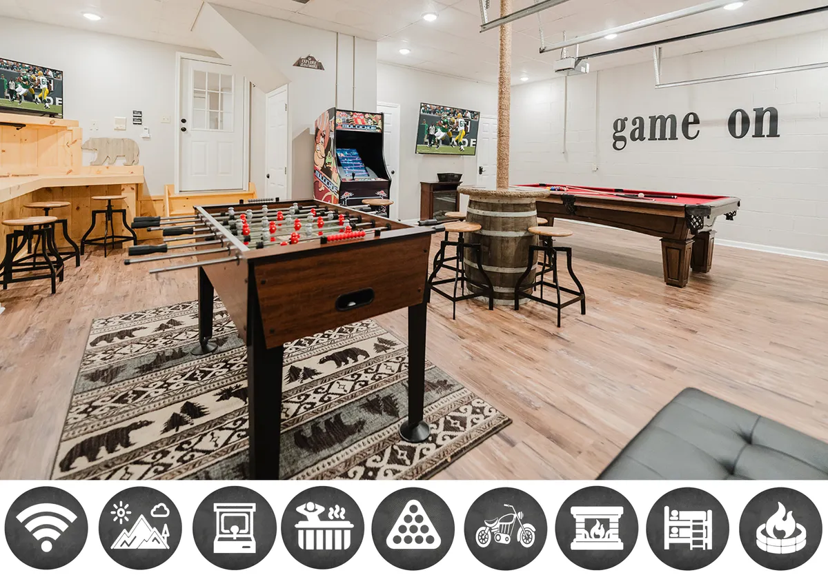 The hero image showcases a vibrant game room with a foosball table, pool table, classic arcade game, and a rustic barrel-style table surrounded by comfortable seating. Cheerful wall decor and warm lighting set a relaxed, sociable mood, hinting at hours of friendly competition, laughter, and memorable group gatherings.